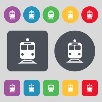 train icon sign. A set of 12 colored buttons. Flat design. illustration
