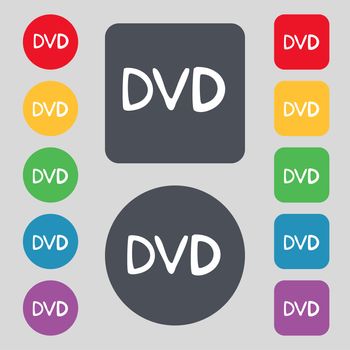dvd icon sign. A set of 12 colored buttons. Flat design. illustration