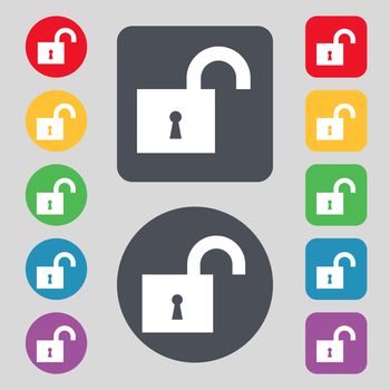 open lock icon sign. A set of 12 colored buttons. Flat design. illustration