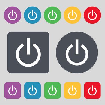Power icon sign. A set of 12 colored buttons. Flat design. illustration