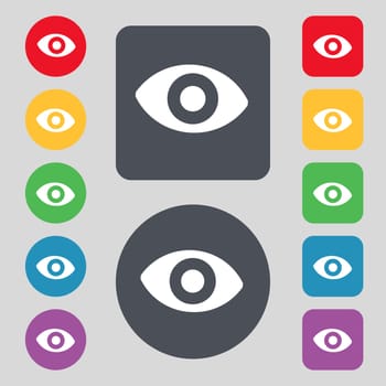 sixth sense, the eye icon sign. A set of 12 colored buttons. Flat design. illustration