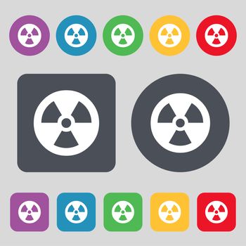 radiation icon sign. A set of 12 colored buttons. Flat design. illustration