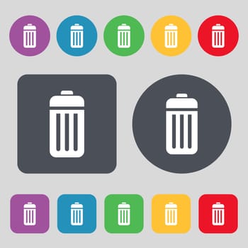 The trash icon sign. A set of 12 colored buttons. Flat design. illustration