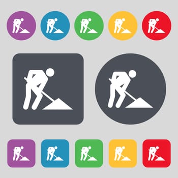 repair of road, construction work icon sign. A set of 12 colored buttons. Flat design. illustration