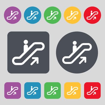elevator, Escalator, Staircase icon sign. A set of 12 colored buttons. Flat design. illustration
