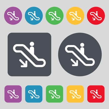 elevator, Escalator, Staircase icon sign. A set of 12 colored buttons. Flat design. illustration