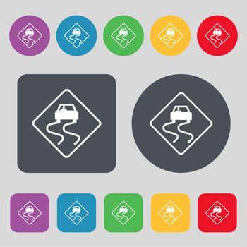 Road slippery icon sign. A set of 12 colored buttons. Flat design. illustration