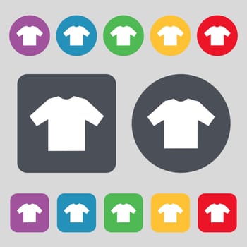 t-shirt icon sign. A set of 12 colored buttons. Flat design. illustration