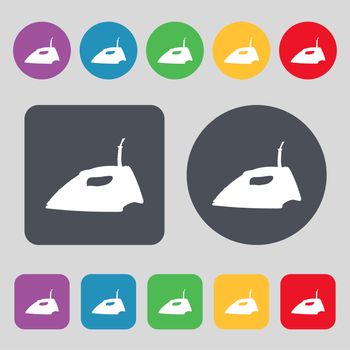 Iron icon sign. A set of 12 colored buttons. Flat design. illustration