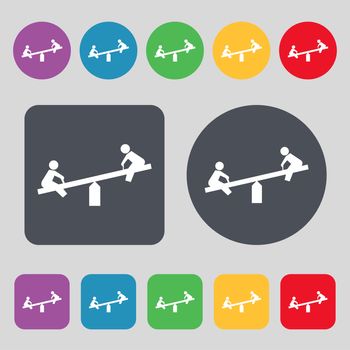 swing icon sign. A set of 12 colored buttons. Flat design. illustration