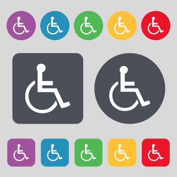 disabled icon sign. A set of 12 colored buttons. Flat design. illustration