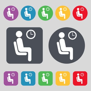 waiting icon sign. A set of 12 colored buttons. Flat design. illustration