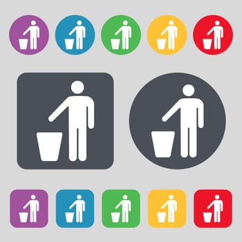 throw away the trash icon sign. A set of 12 colored buttons. Flat design. illustration
