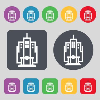 skyscraper icon sign. A set of 12 colored buttons. Flat design. illustration
