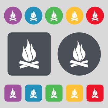 A fire icon sign. A set of 12 colored buttons. Flat design. illustration