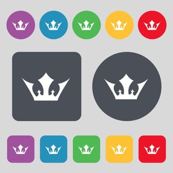 Crown icon sign. A set of 12 colored buttons. Flat design. illustration