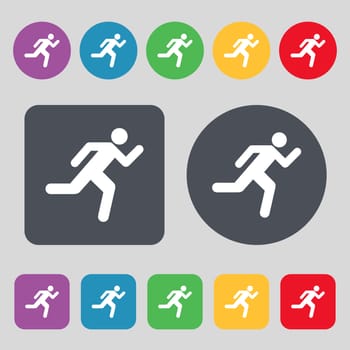 running man icon sign. A set of 12 colored buttons. Flat design. illustration