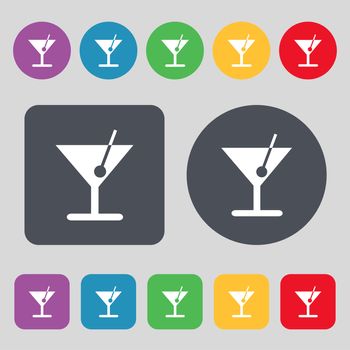cocktail icon sign. A set of 12 colored buttons. Flat design. illustration