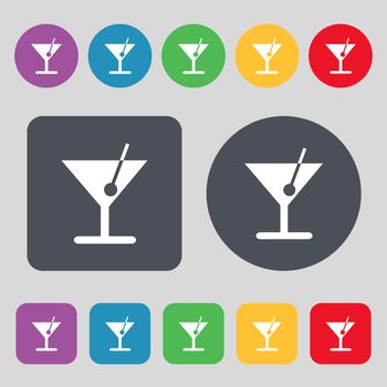 cocktail icon sign. A set of 12 colored buttons. Flat design. illustration