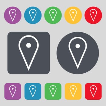 map poiner icon sign. A set of 12 colored buttons. Flat design. illustration