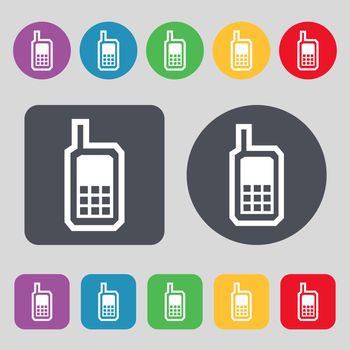 Mobile phone icon sign. A set of 12 colored buttons. Flat design. illustration