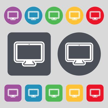 monitor icon sign. A set of 12 colored buttons. Flat design. illustration