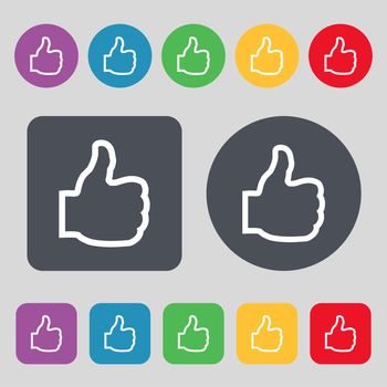 Like icon sign. A set of 12 colored buttons. Flat design. illustration