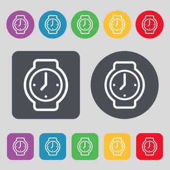 watches icon sign. A set of 12 colored buttons. Flat design. illustration