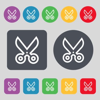 scissors icon sign. A set of 12 colored buttons. Flat design. illustration