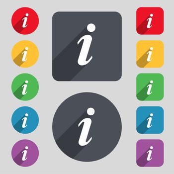 Information, Info icon sign. A set of 12 colored buttons and a long shadow. Flat design. illustration