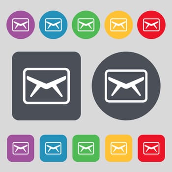 Mail, Envelope, Message icon sign. A set of 12 colored buttons. Flat design. illustration