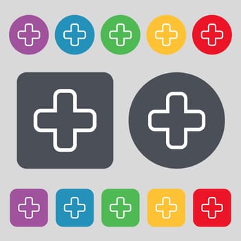 Plus icon sign. A set of 12 colored buttons. Flat design. illustration