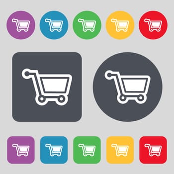 shopping cart icon sign. A set of 12 colored buttons. Flat design. illustration