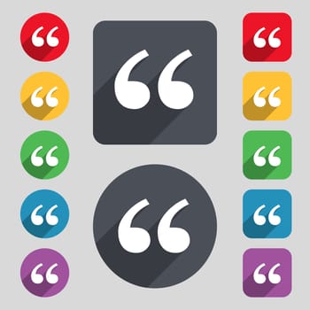 Double quotes at the beginning of words icon sign. A set of 12 colored buttons and a long shadow. Flat design. illustration