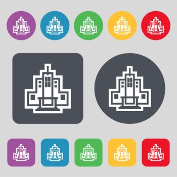 skyscraper icon sign. A set of 12 colored buttons. Flat design. illustration