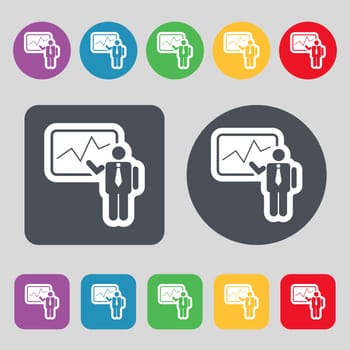 businessman making report icon sign. A set of 12 colored buttons. Flat design. illustration