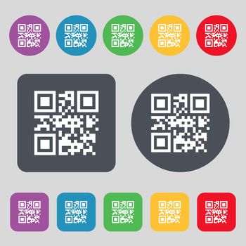 Qr code icon sign. A set of 12 colored buttons. Flat design. illustration