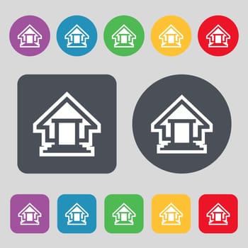 House icon sign. A set of 12 colored buttons. Flat design. illustration