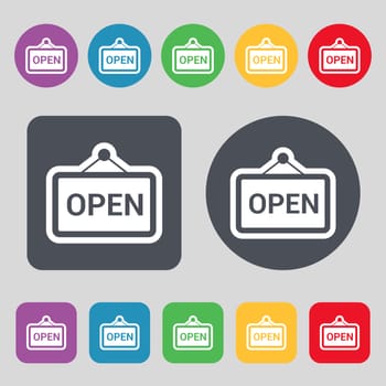 open icon sign. A set of 12 colored buttons. Flat design. illustration