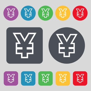 Yen JPY icon sign. A set of 12 colored buttons. Flat design. illustration