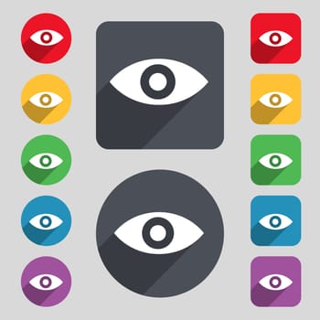 Eye, Publish content, sixth sense, intuition icon sign. A set of 12 colored buttons and a long shadow. Flat design. illustration