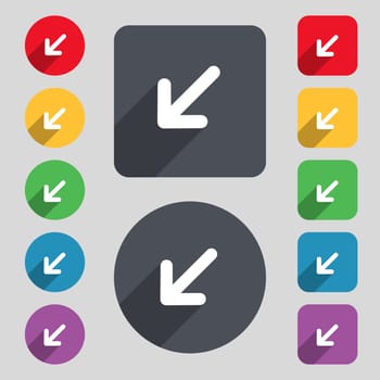 turn to full screenicon sign. A set of 12 colored buttons and a long shadow. Flat design. illustration