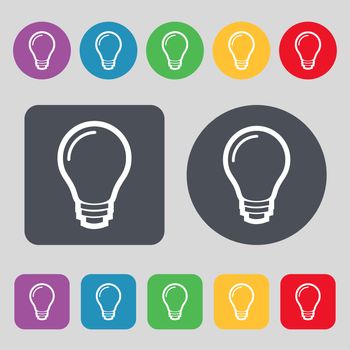 Light bulb icon sign. A set of 12 colored buttons. Flat design. illustration