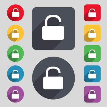 Open Padlock icon sign. A set of 12 colored buttons and a long shadow. Flat design. illustration