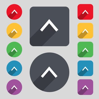 Direction arrow up icon sign. A set of 12 colored buttons and a long shadow. Flat design. illustration