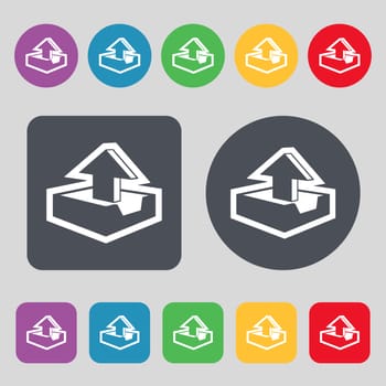 Upload icon sign. A set of 12 colored buttons. Flat design. illustration