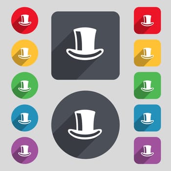 cylinder hat icon sign. A set of 12 colored buttons and a long shadow. Flat design. illustration