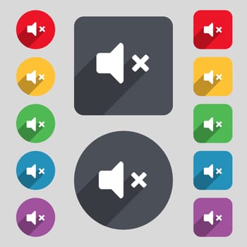 Mute speaker , Sound icon sign. A set of 12 colored buttons and a long shadow. Flat design. illustration