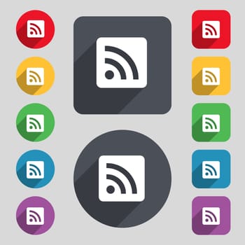 RSS feed icon sign. A set of 12 colored buttons and a long shadow. Flat design. illustration