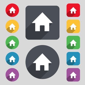 Home, Main page icon sign. A set of 12 colored buttons and a long shadow. Flat design. illustration